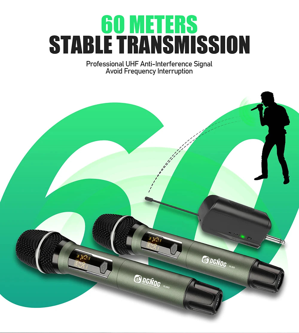 Rechargeable Battery Microphone 2 Channel UHF Wireless Microphone Dual Handheld Dynamic Adjust Frequency For Stage 200ft DL602