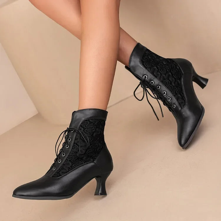 Women Victorian Ankle Boots Leather Lace Heel Shoes for women  Fashion Lace Up Spliced Ladies High Heels Woman Boots Ankle 46