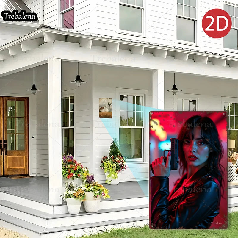 1PC 2D Flat 8*12inch Metal Sign Cyberpunk Woman with Gun Neon Style Artwork