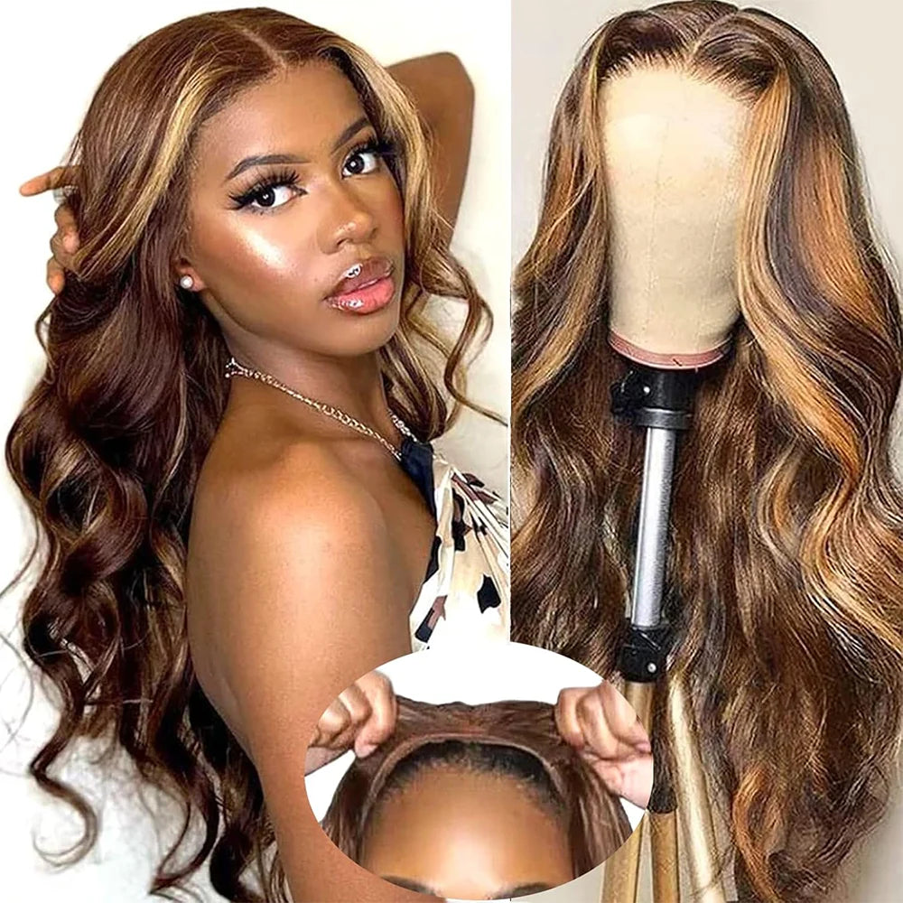 P4/27 Body Wave Wigs Human Hair 36 Inch Highlight 200 Density HD Transparent Frontal Lace Wigs Human Hair For Black Women