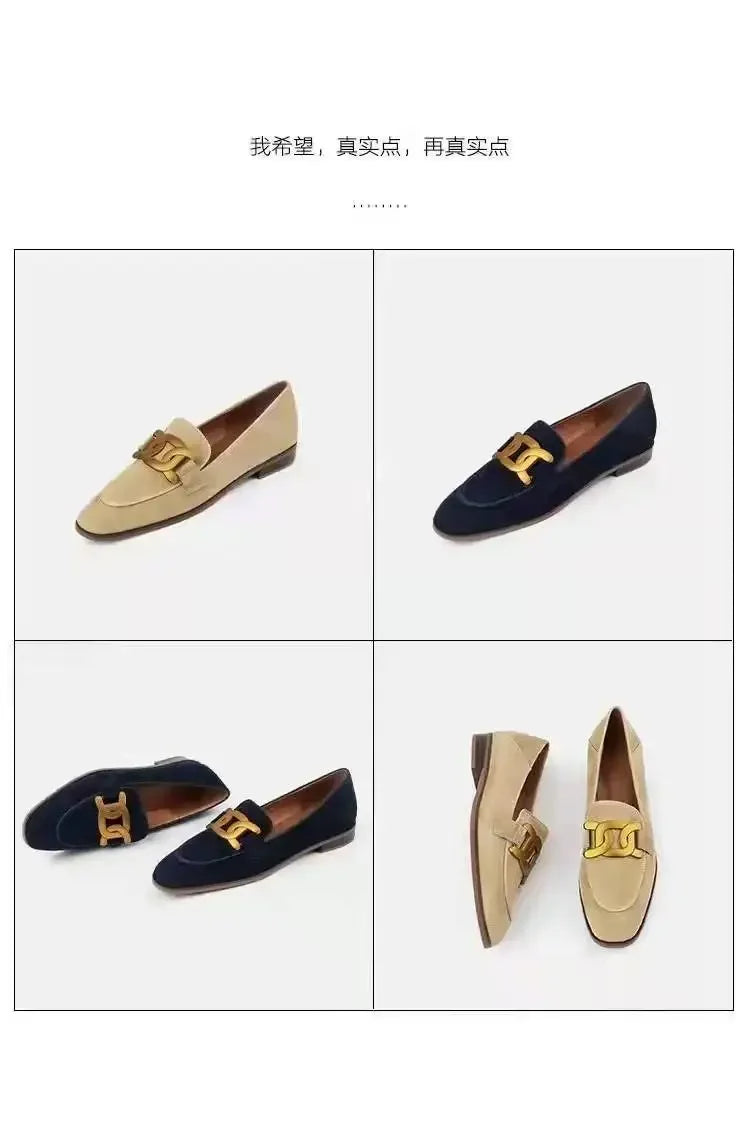 Women's Single Shoes with Heels Pointed Toe Metal Decoration Shallow Women Shoes Square Heel Spring Rubber Sole Zapatos De Mujer