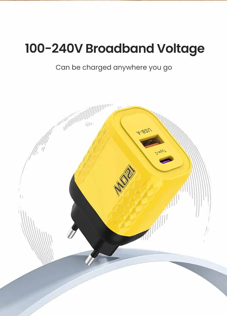 120W Charger USB C Fast Charger For iPhone Xiaomi Samsung Oneplus Phone Adapter 2 Ports QC3.0 Fast Charging PD Charger Adapter