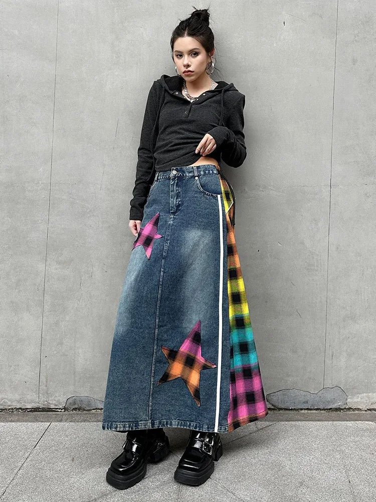 [EAM] High Elastic Waist Blue Back Plaid Denim Long A-line Half-body Skirt Women Fashion Tide New Spring Autumn 2025 1DH8117
