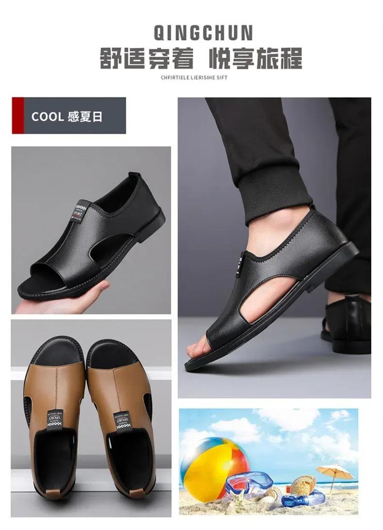 Sandals for Men Brand Casual Shoes Outdoor Fashion Men's Slippers Comfortable Beach Shoes High Quality Leather Man Flat 2025