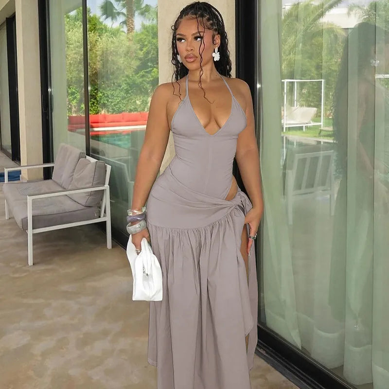 Women Sexy Cut Out Dress Sets Halter Deep V Neck Bodysuit and Tie Maxi Long Skirt Set 2025 Summer Two 2 Piece Vacation Outfits
