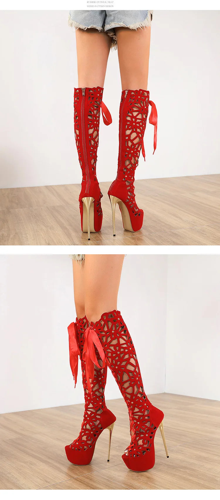 16CM Thin High Heels Sexy Nightclub Hollow Out Over The Knee Boots Women Peep Toe Lace-Up Zip Platform Shoes Sandals