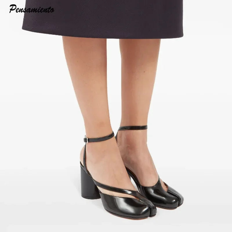 Ins style Fashion Patent Leather Split Toe Women Pumps Spring Summer Thick High heels Slingbacks Female Tabi Chunky Casual Shoes