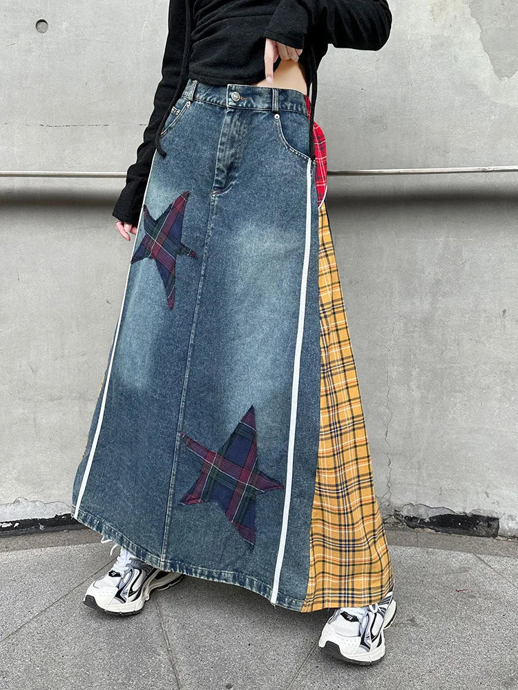 [EAM] High Elastic Waist Blue Back Plaid Denim Long A-line Half-body Skirt Women Fashion Tide New Spring Autumn 2025 1DH8117