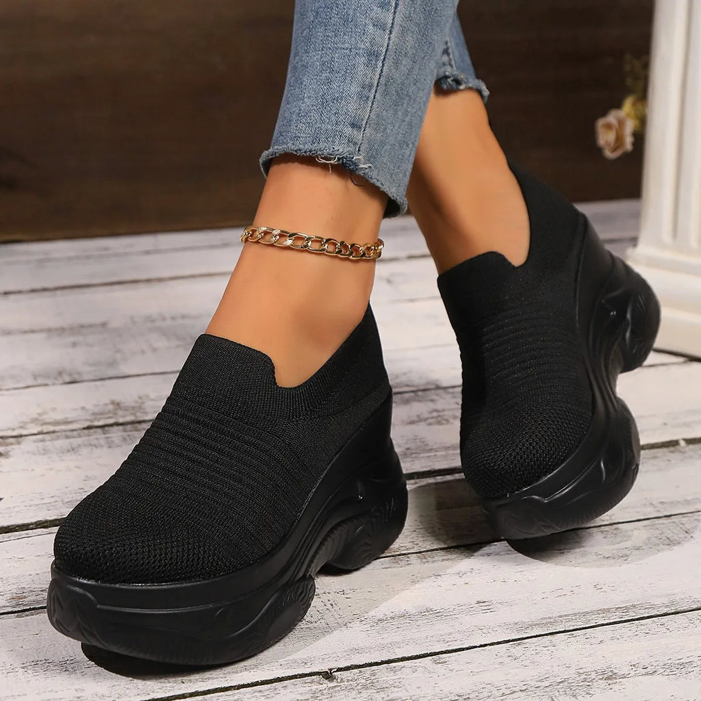 Heightening Thick Sole Fashionable Ladies Shoes 2025 Autumn New Black Mesh Breathable Casual Slip-on Women's Vulcanized Shoes