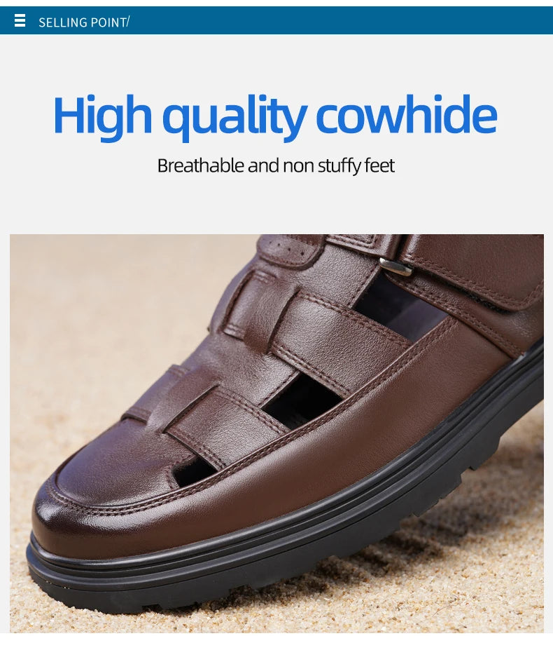 LAORENTOU leather sandals, men's breathable hollow hole shoes, toe wrapped cowhide, anti slip and wear-resistant casual  shoes