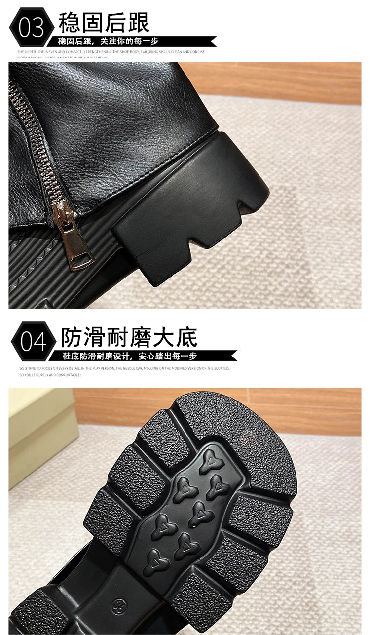 10CM Winter Warm Chunky Short Boots Women High Heels New Mid Calf Leather Sneakers Trend Buckle Motorcycle Boots Fur Snow Shoes