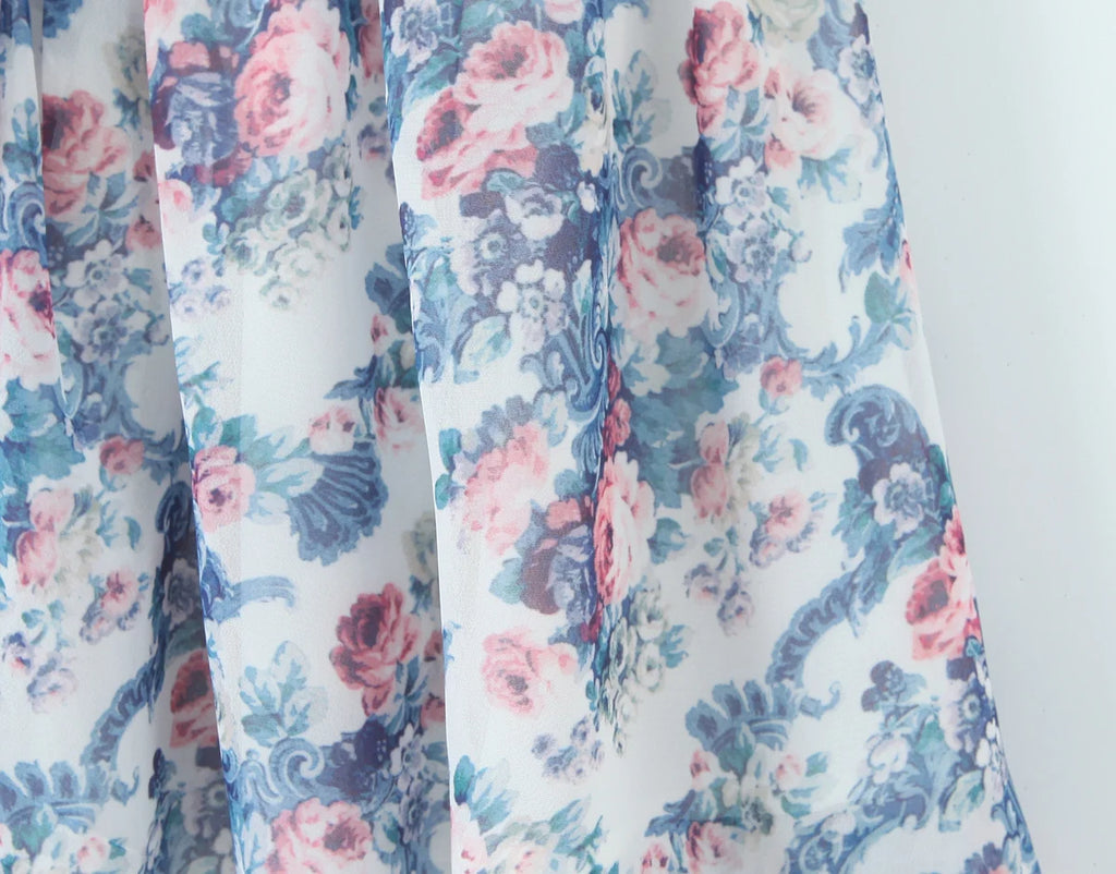 YENKYE Boho Blue Floral Print Mini Dress Women Puff Sleeve Lace Spliced A-line Beach Holiday Summer Dresses 2025 Short Robe