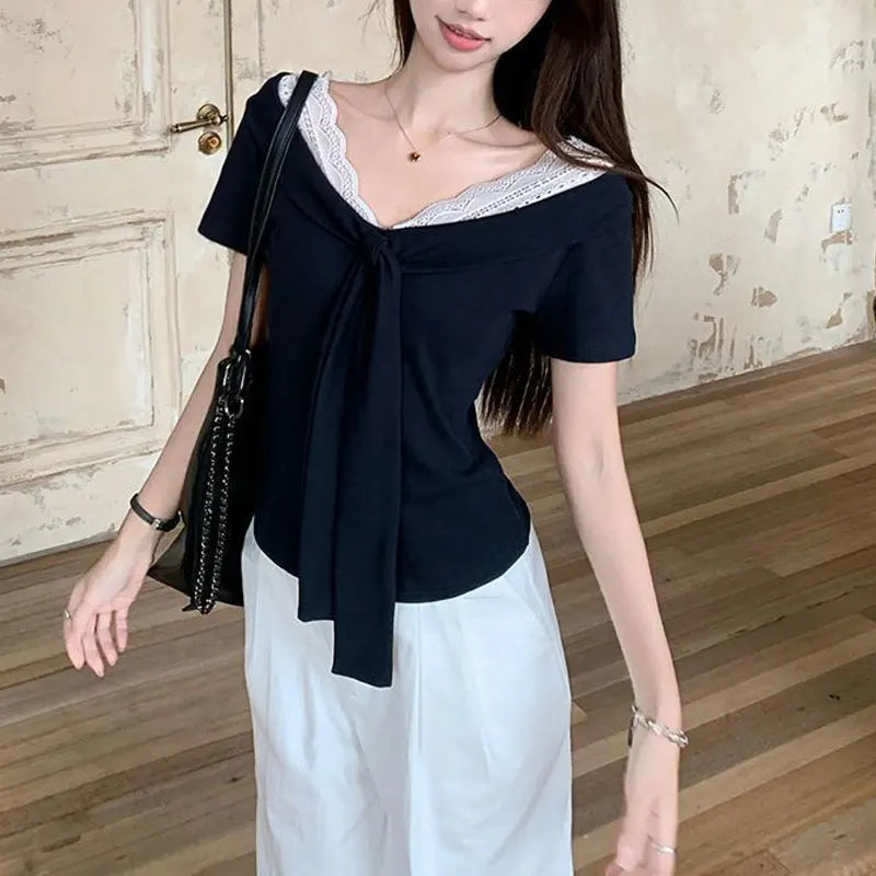 Summer V-Neck Fashionable Lace T-shirts Elegant Bandage Women's Clothing Solid Color Basic Short Sleeve Slim Vintage Pullovers