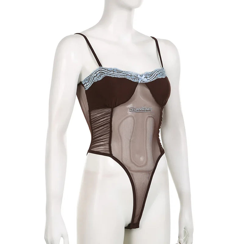 See Through Lingerie Sexy Slim Sleeveless Bodysuit Bow One-Pieces Corset Top Letter Embroidery Bustier Lace Lenceria Femenina