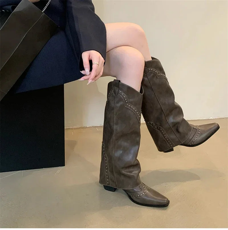Woman Cowgirl Boots Fashion Slip on Ladies Elegant Square Heel Long Pipe Botas Shoes Retro Women's Spring Autumn Boot Footwear