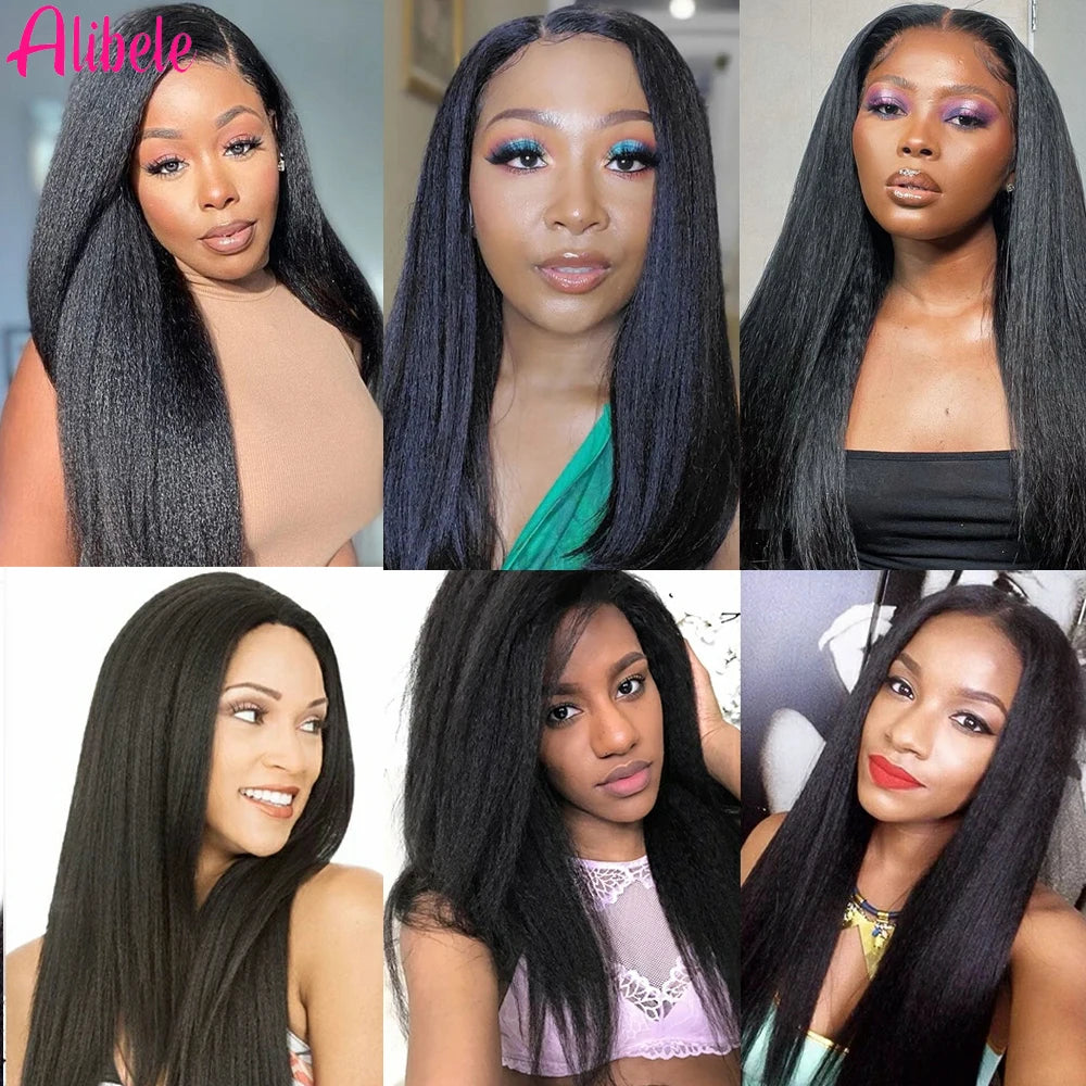 Alibele Kinky Straight Human Hair Bundles 32 Inches Malaysia Remy Hair Yaki Straight Hair Bundles Natural Color for Black Women