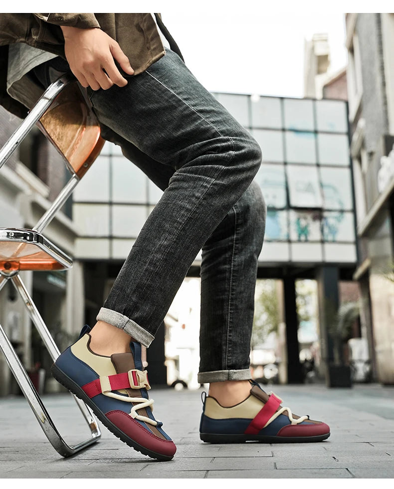 2025 Fashionable Men's Shoes Men Vulcanized Sneakers Leather Casual Shoes Slip-On Walking Travel Shoes Flat Bottomed Work Shoes