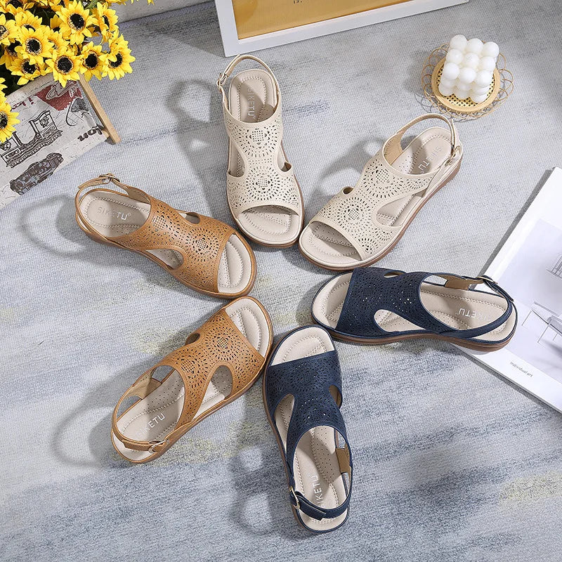 Low Sandals Woman Leather Female Shoe Clogs Wedge Large Size Low-heeled Fashion Girls Platform Big Beige Retro  Comfort Scan