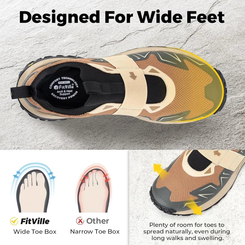 FitVille Men'S Widened Hiking Walking Shoes Slip-On Comfortable Orthopedic With Arch Support Non-Slip Sports Shoes For Travel