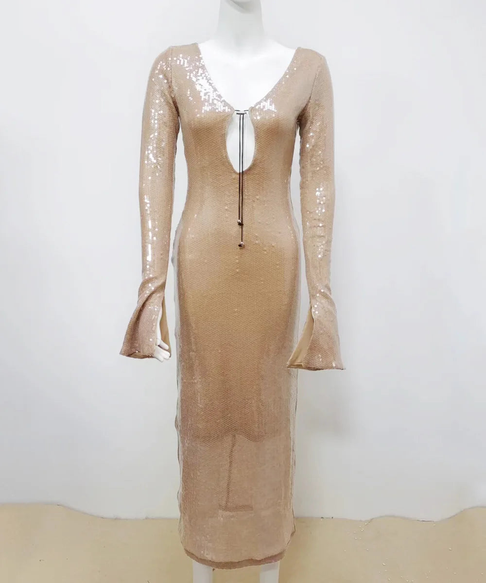 Luxury celebrity vacation photography nightclub evening gown sexy solid color sequin banquet long sleeved dress