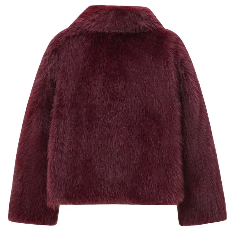 2025 New  Women's Fur Coat Women Plush Burgundy Bomber Jacket Solid Crop Long Sleeve Jacket Warm Winter Coats Woman Casual Coats