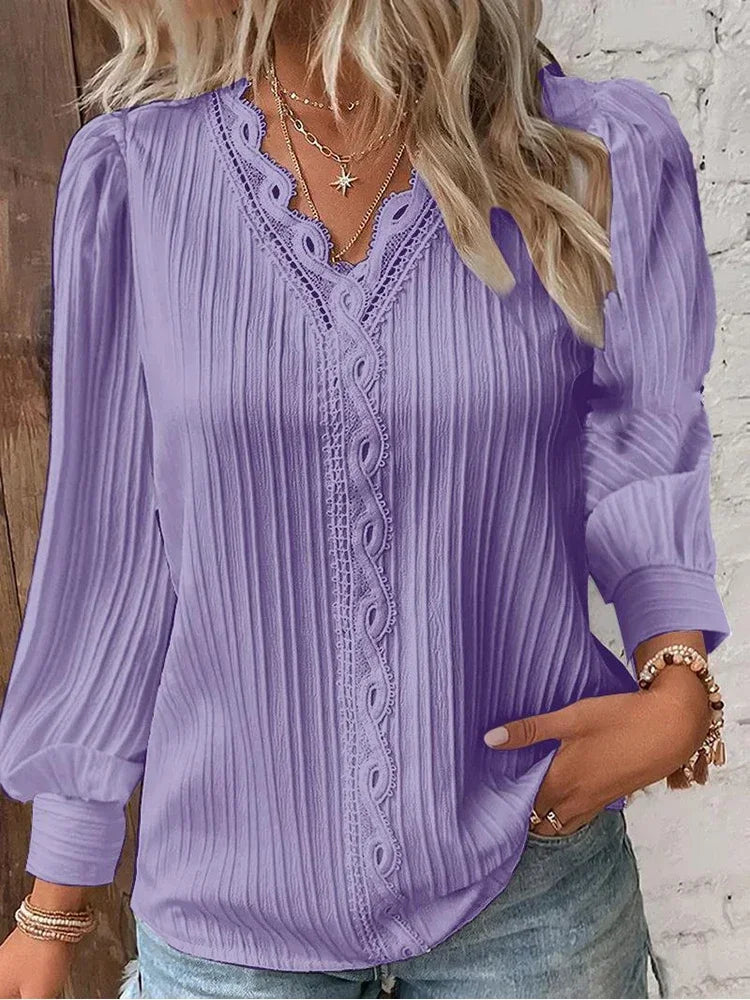 Stitching V-neck Long Sleeve Women's Pullover Chiffon Shirt Lace Stitching Shirt Loose Fall Top Simple Elegant Street Blouse