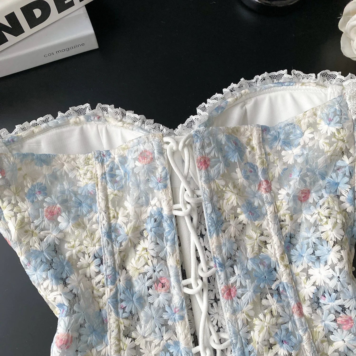 SINGREINY INS Strapless 3D Floral Camisole 2025 Summer Corset Slim Backless Tank Top Sheer Lace Up Holiday Sexy Embroidery Top