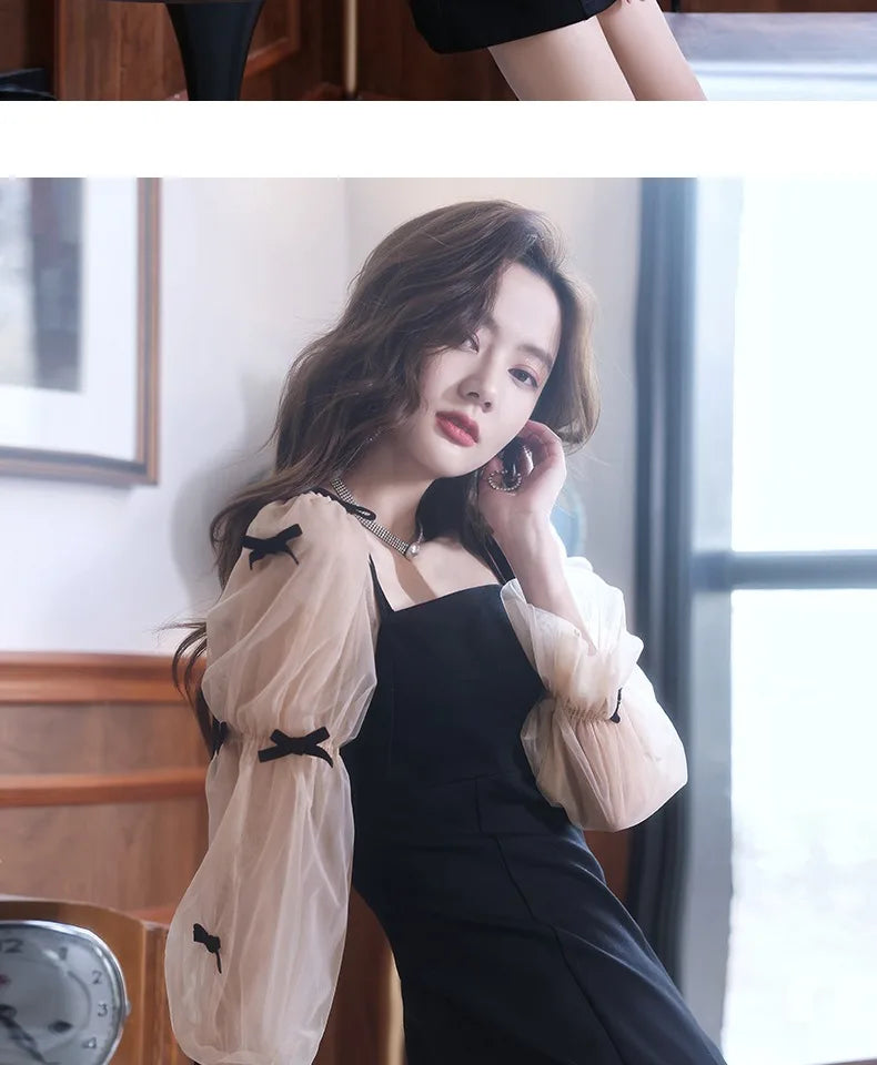 Flare Sleeve Evening Dress for Women Black Elegant Bow Mesh Patchwork Luxury Temperament Famous Lady Aesthetic Платье Женское