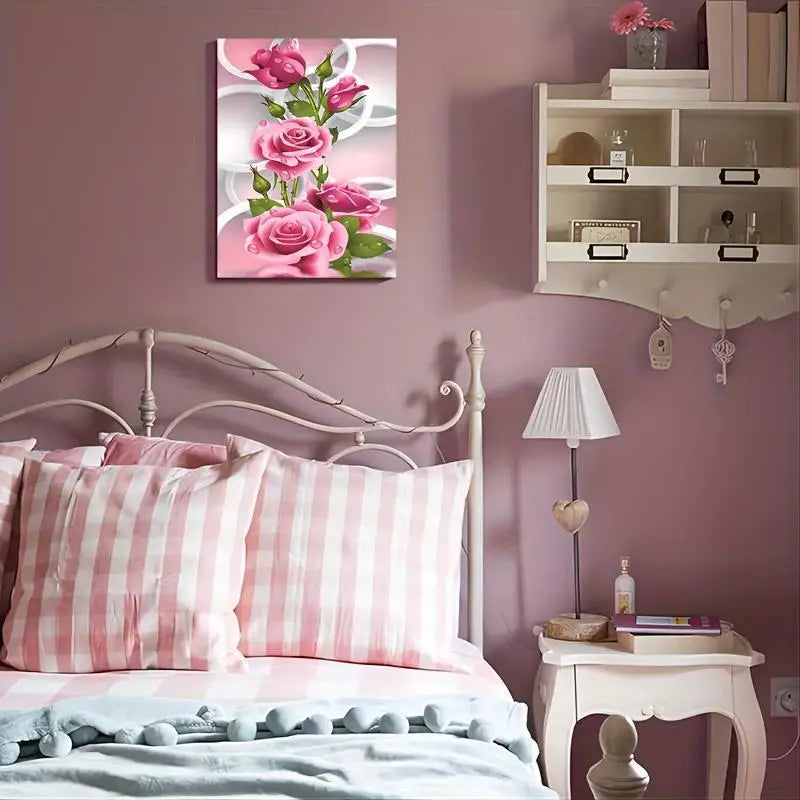 1 Wooden Framed Canvas Painting Water Drops on Pink Roses Living Room & Bedroom Home Decor Holiday Gifts