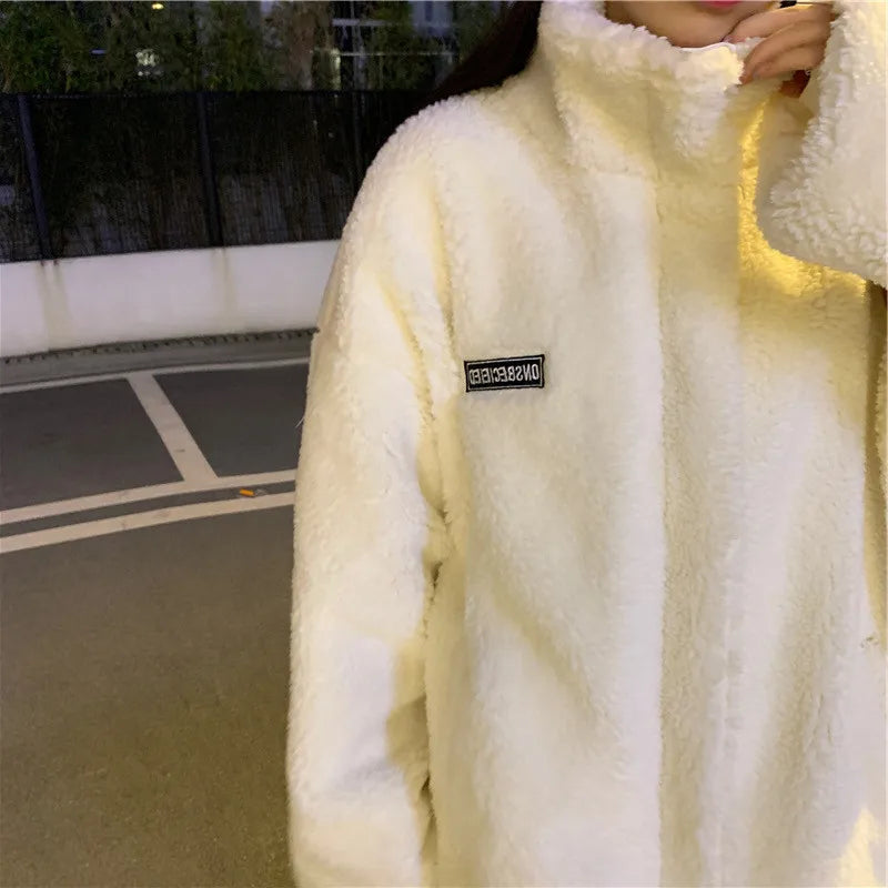 Women Winter Thicken Lamb Wool Coat Faux Fur Warm Stand Collar Outerwear Female Zipper Loose Jacket Full Sleeved Sweatshirts