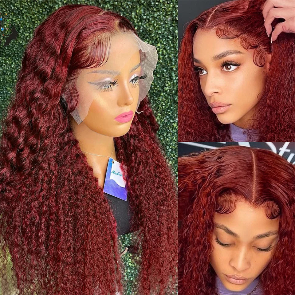40Inch 99J Burgundy Water Curly 13x4 Glueless Lace Frontal Wig 250% Deep Wave HD Transparent Lace Front Wig Human Hair For Women