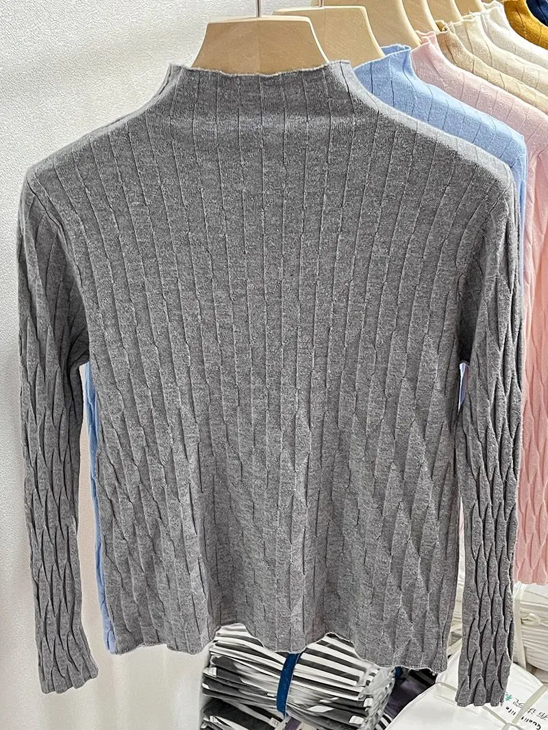 2025 Slim Fit Knitted Base Pullovers Autumn Winter Turtleneck Sweater Women's Solid Long Sleeve Casual Ruched Sweater