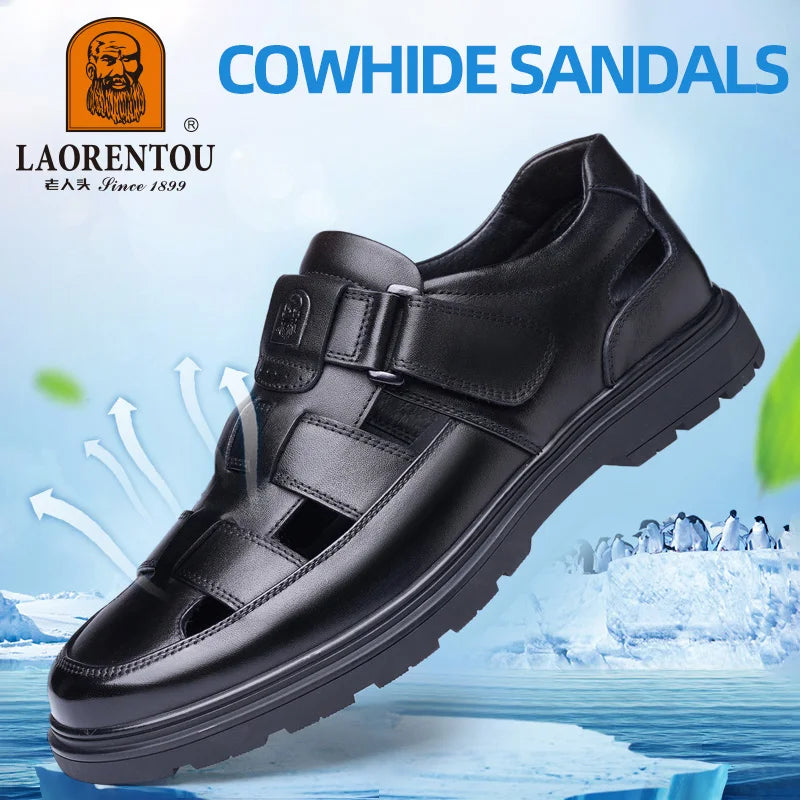 LAORENTOU leather sandals, men's breathable hollow hole shoes, toe wrapped cowhide, anti slip and wear-resistant casual  shoes