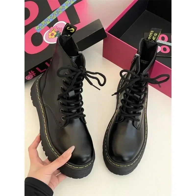 Women Ankle Boots Casual Shoes Female Leather Chelsea Boot Ladies Classic Punk Woman Goth Shoes High Platform Boots Women Black