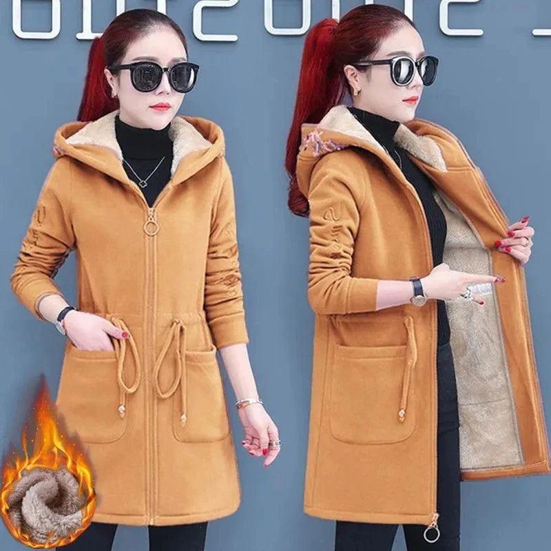 Plus Velvet Thick Lamb Plush Jacket Women 2025 New Autumn Winter Parkas Lace-Up Of Hooded Loose Long Embroid Trench Coat Female