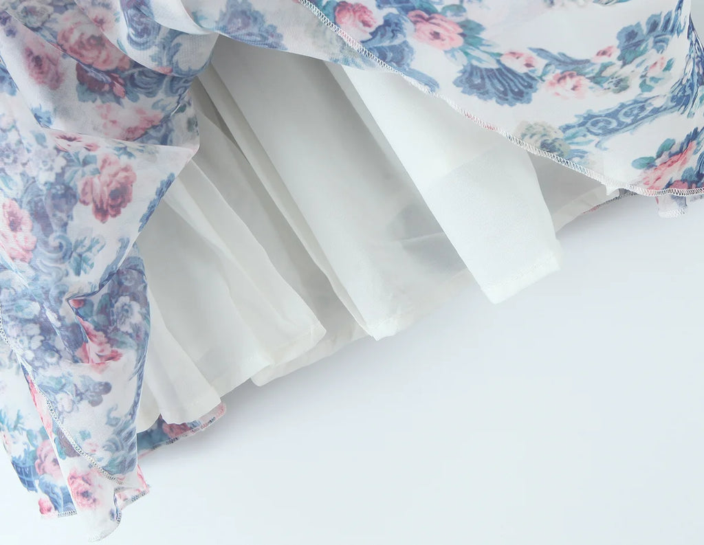 YENKYE Boho Blue Floral Print Mini Dress Women Puff Sleeve Lace Spliced A-line Beach Holiday Summer Dresses 2025 Short Robe