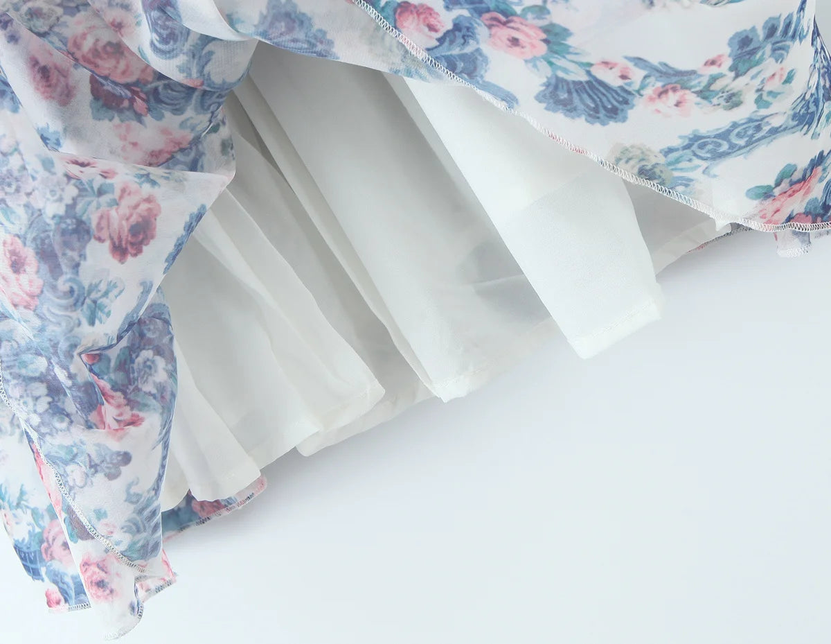 YENKYE Boho Blue Floral Print Mini Dress Women Puff Sleeve Lace Spliced A-line Beach Holiday Summer Dresses 2025 Short Robe