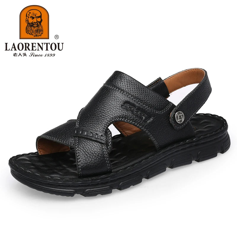 LAORENTOU cowhide breathable outdoor leisure beach shoes, anti slip thick sole leather sandals for external wear