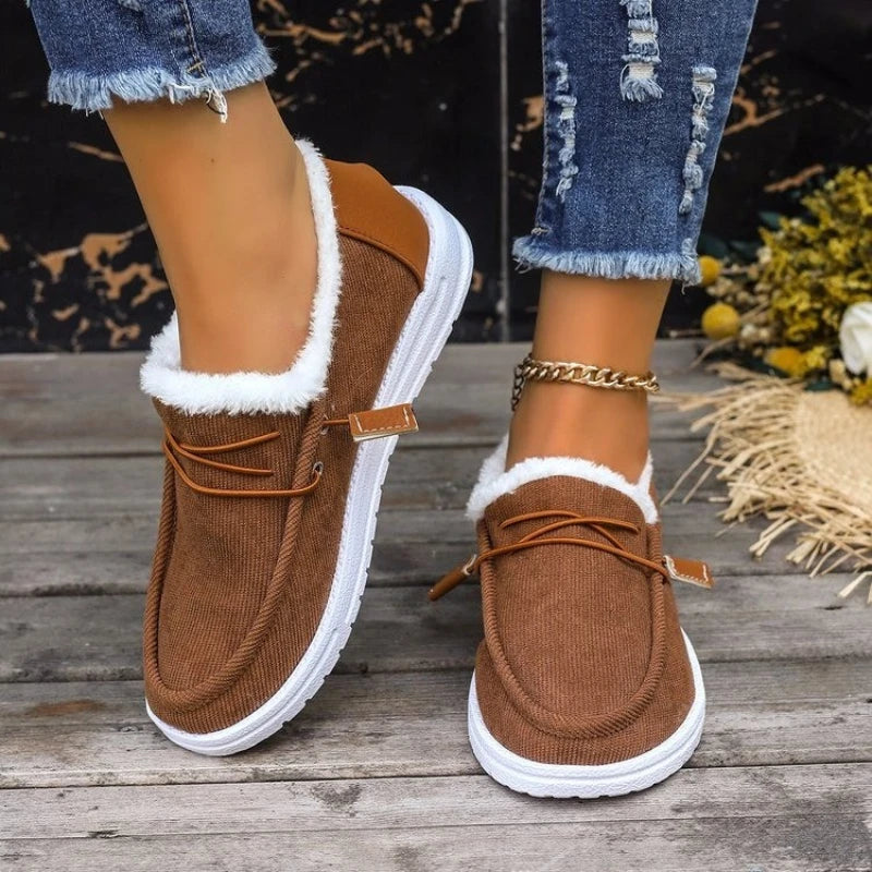 Winter plush lined flat shoes, Women's low top slip on shoes, women's footwear