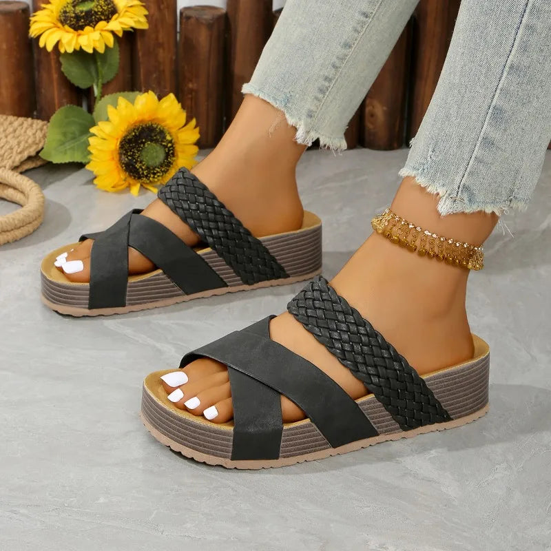 Fashion Thick Sole Cork Sandals Women Summer 2025 Thick Sole Women Slippers Casual Cross Comfort Outdoor Beach Women Sandals