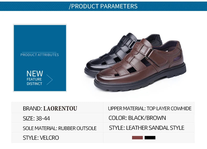 LAORENTOU leather sandals, men's breathable hollow hole shoes, toe wrapped cowhide, anti slip and wear-resistant casual  shoes
