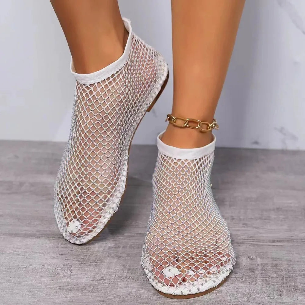 Fashion Holiday Rhinestone Sandal Slipper Non-Slip Flat Shoes Mesh Seaside Sandals Shiny Waterproof Sexy Ankle Boot Summer