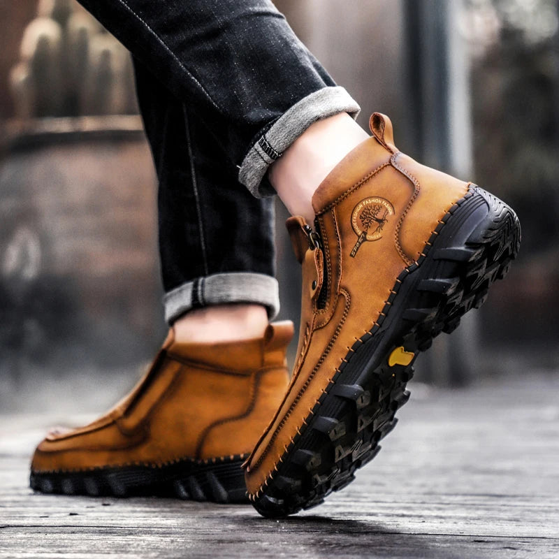 Men Boots Autumn Winter New Handmade High-top Casual Shoes Outdoor Non-slip Hiking Men Shoes Zipper Ankle Boots Plus Size 38-48