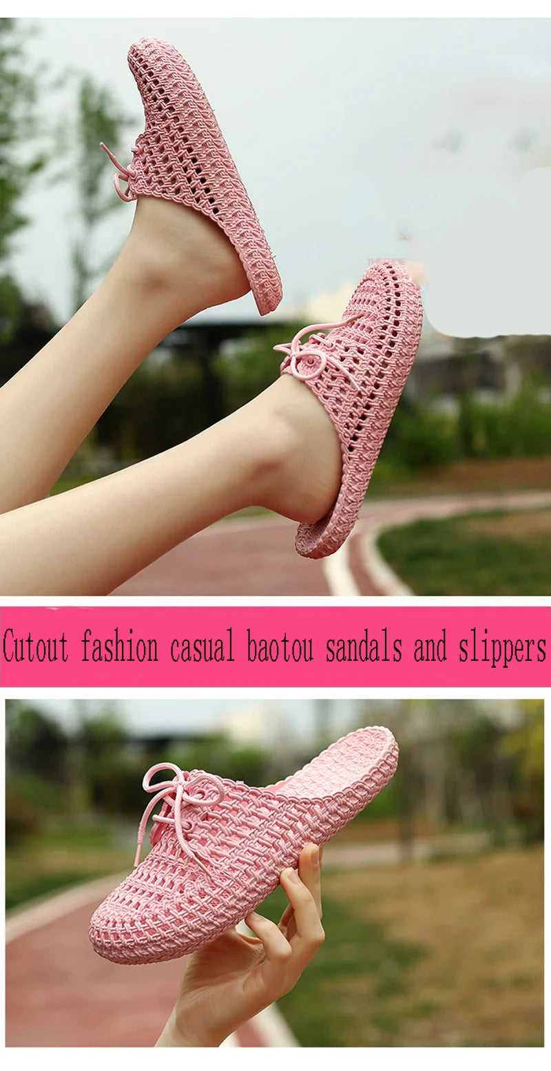 Summer Ladies Baotou Slippers with Hollow Fashion Soft Bottom Hole Shoes Women Wear Beach Sandals and Slippers
