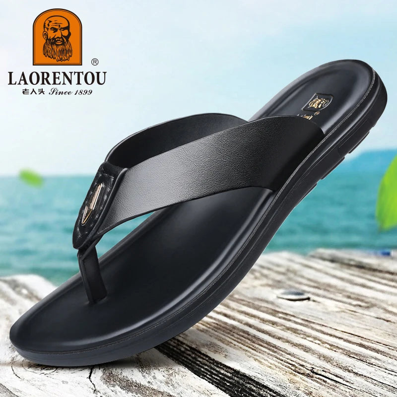 LAORENTOU slippers, men's genuine leather, Korean version, clip on flip flops, men's sandals, cowhide soft sole, anti slip