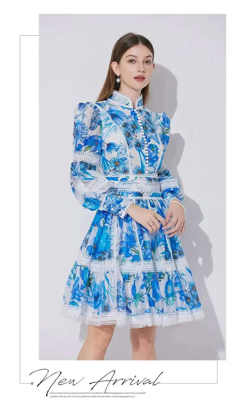 Elegant Long Sleeve Floral Short Dresses Shirt For Women Summer Autumn Holiday Hollow Out Printed Party Dress