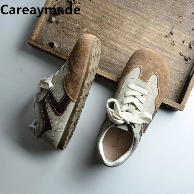 Careaymade-Genuine Leather wider toe women's shoes,soft sole comfortable casual single shoes,lace Barefoot small white shoes