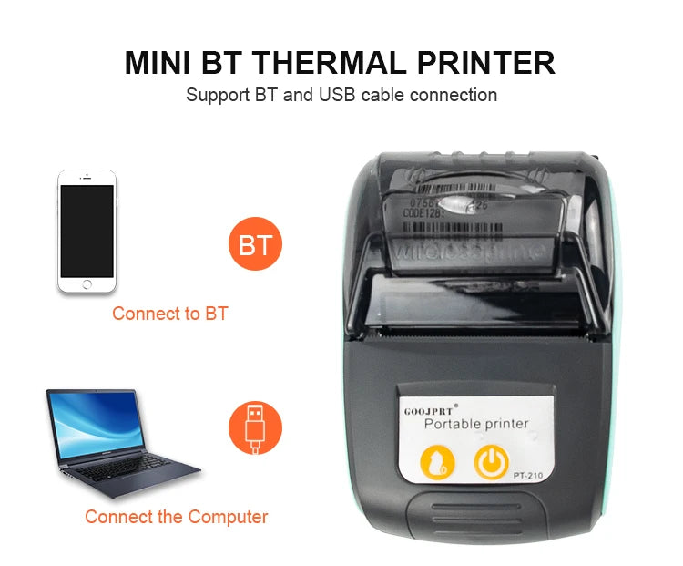 PT210 Mini Receipt Printer 58mm Portable Thermal Ticket Printer Android IOS Windows Wireless Bluetooth List Bill Maker With Plug