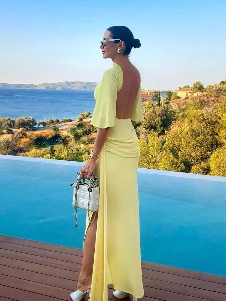 Irregular Yellow Backless Maxi Dress Women's Elegant Half Sleeve Split Slim Fit Pleated Robes 2025 Lady Evening Party Gowns New