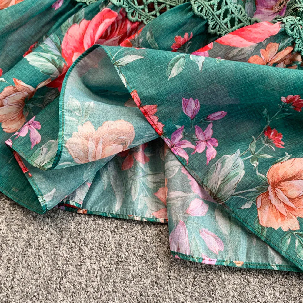 Ele Lace Splice Waist Cinching Long Dr Korean Sle Print Blouse Svel Midi Skirt High Waist A-Line Silhouette